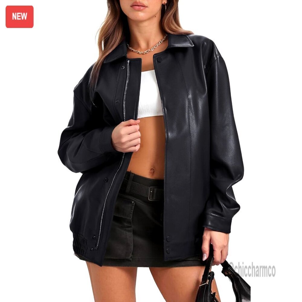 Oversized Faux Leather Bomber Jacket Women's Motorcycle Style Zip Up